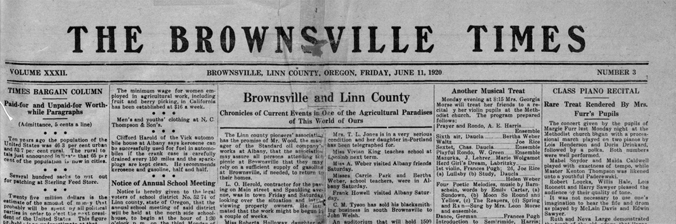 The Brownsville Times Masthead from June 11, 1920.